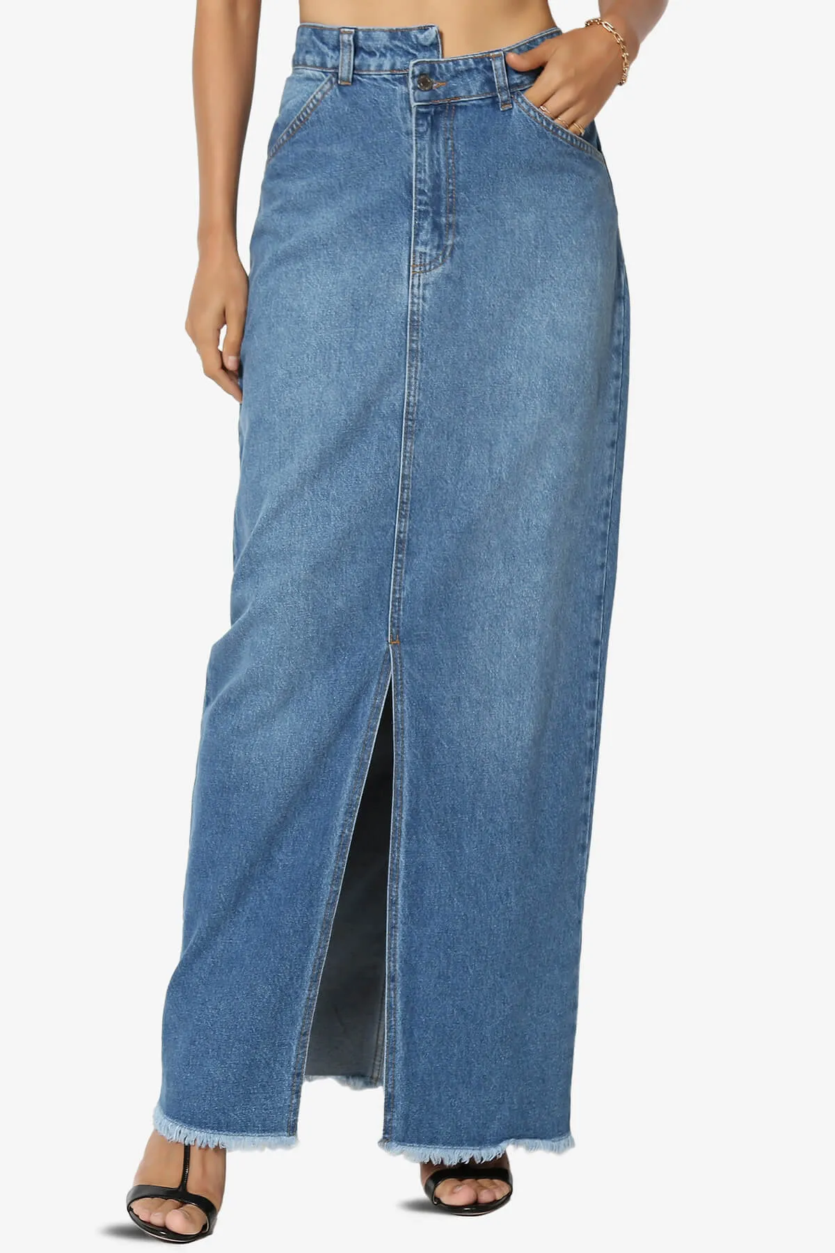 Aerin Front Slit Raw Hem Maxi Jean Skirt