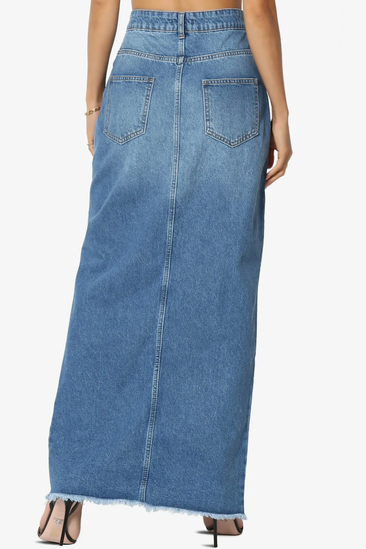 Aerin Front Slit Raw Hem Maxi Jean Skirt