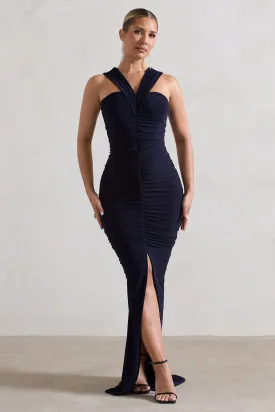 Aida | Navy Ruched V-Neck Split Maxi Dress