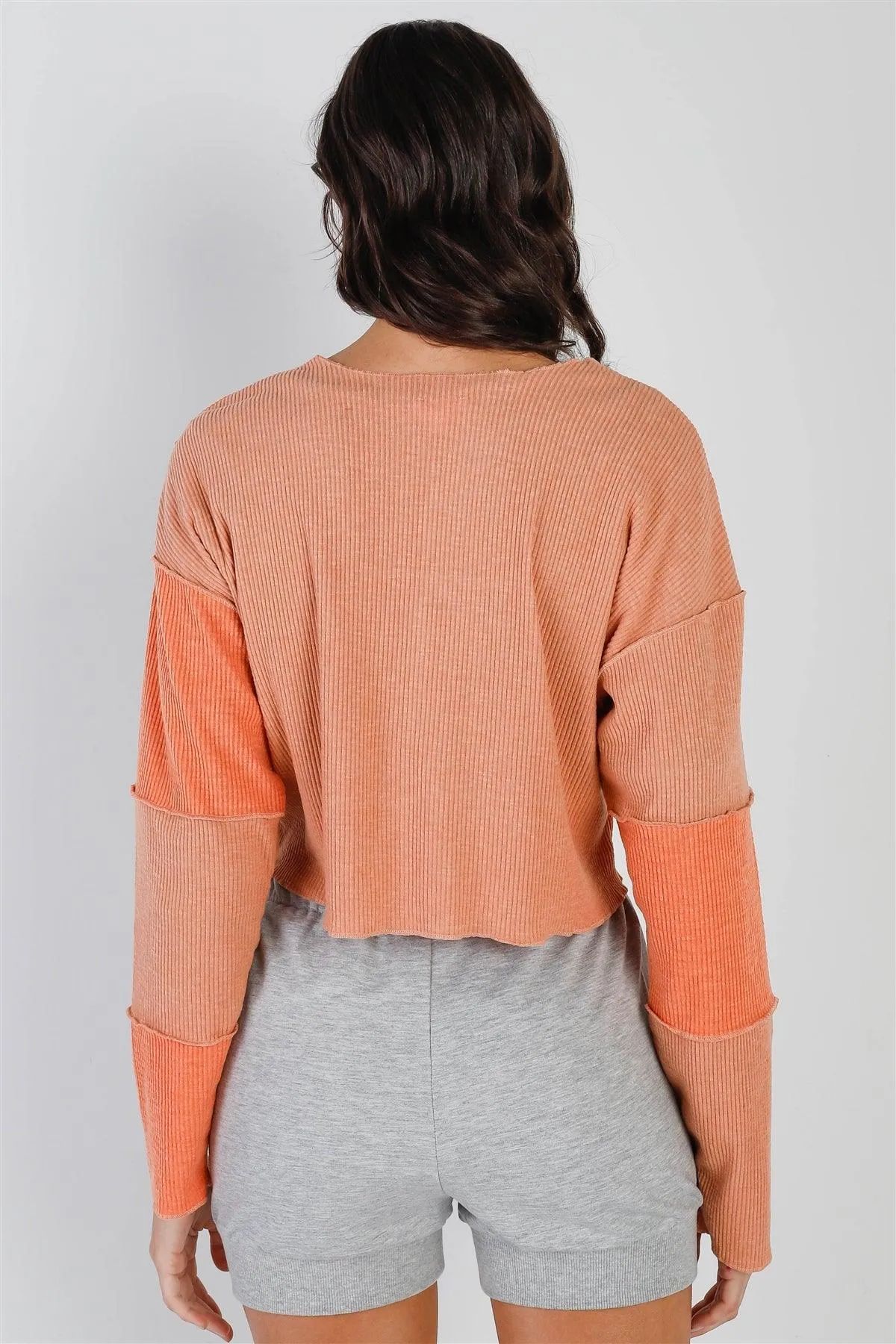 Apricot & Orange Ribbed Inside-Out Trim Detail Long Sleeve Top /2-2-1