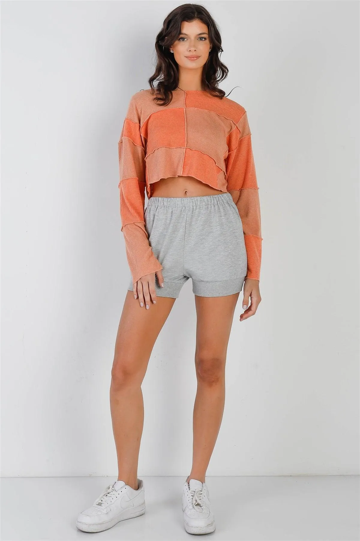 Apricot & Orange Ribbed Inside-Out Trim Detail Long Sleeve Top /2-2-1