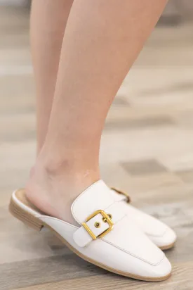 Beige With Gold Buckle Slip On Mule