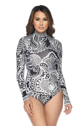 Black & White Print Bodysuit With Rhinestone Design