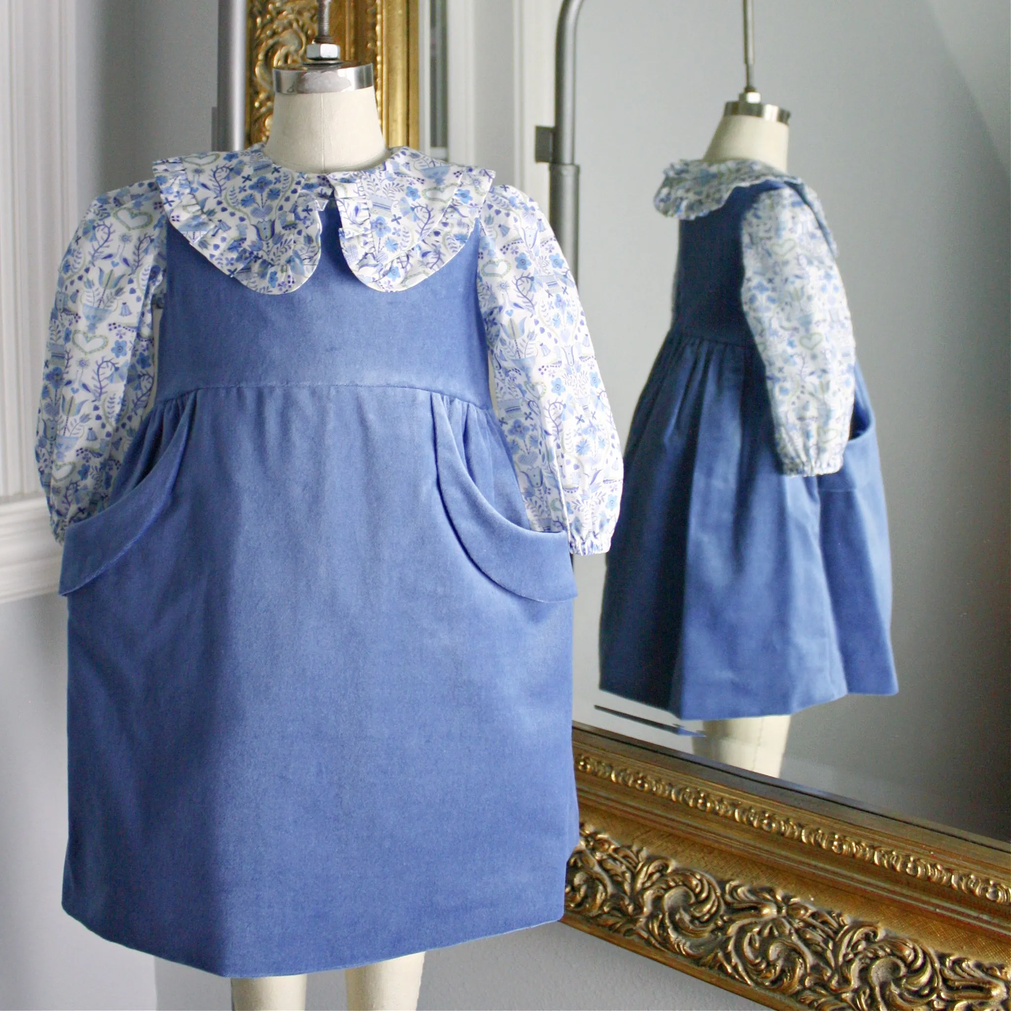 Blue Velveteen Dress with Love Birds Liberty London Blouse - Size 12M only