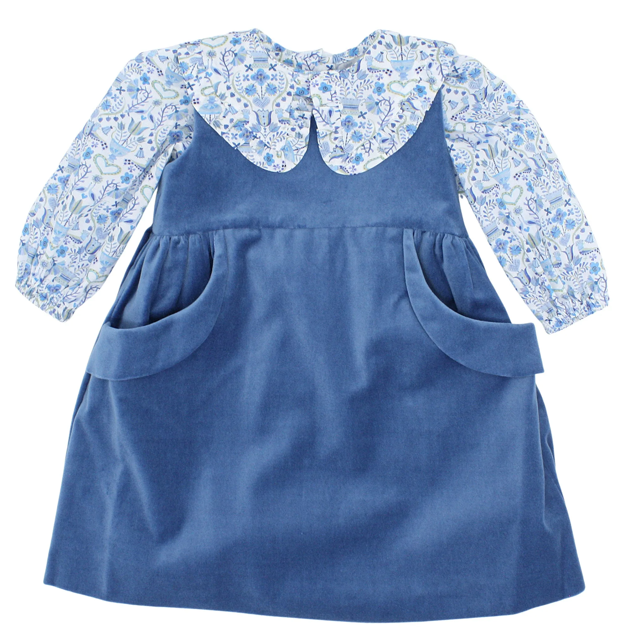 Blue Velveteen Dress with Love Birds Liberty London Blouse - Size 12M only