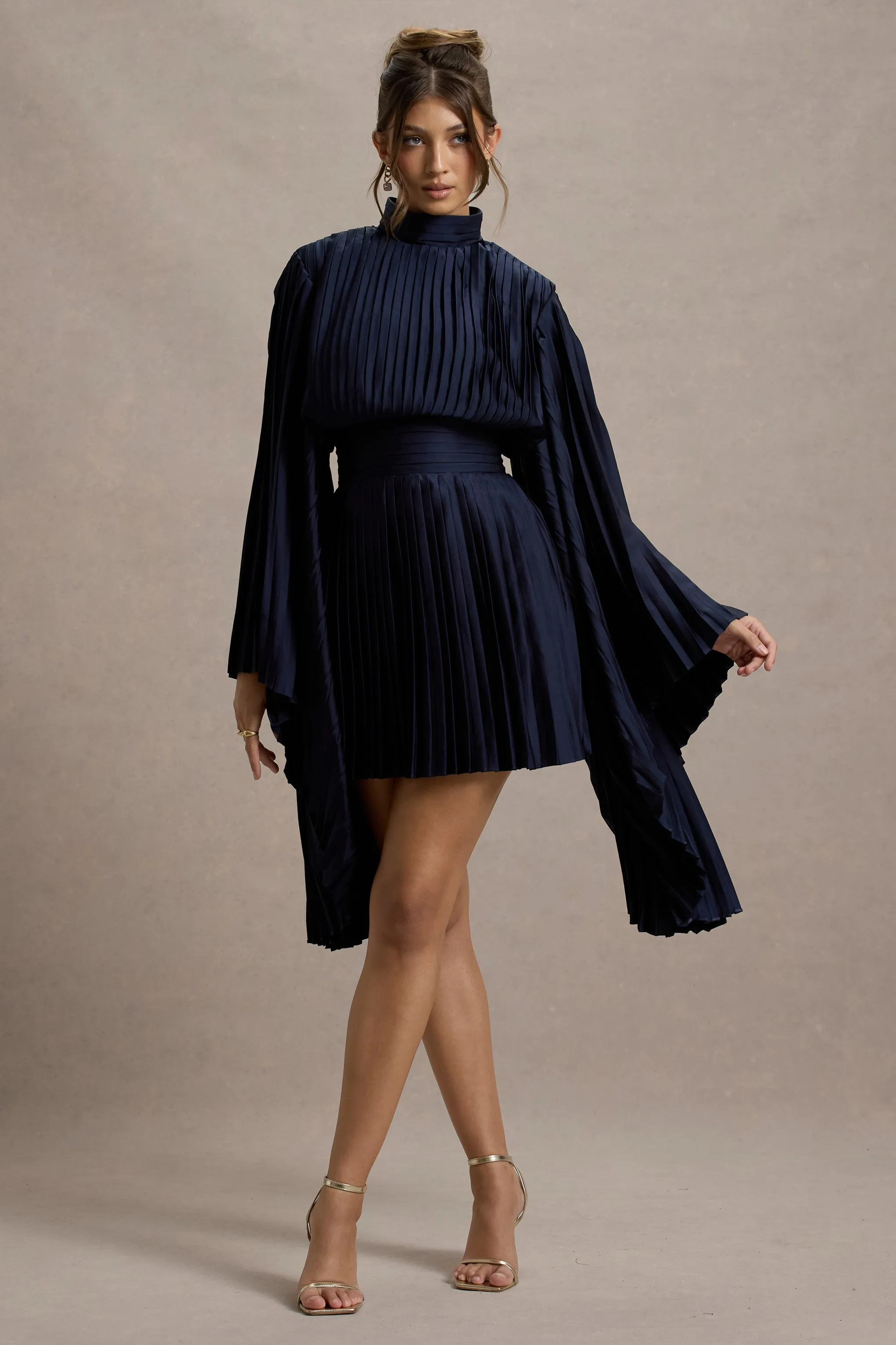 Charity | Navy Pleated High-Neck Mini Dress With Cape Sleeves