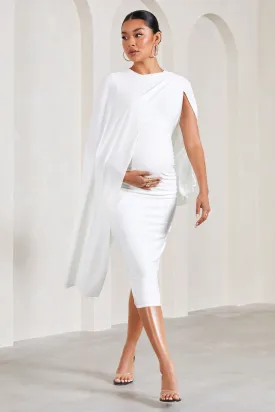 Cloud Nine | White Maternity Midi Dress With Cape Sleeves